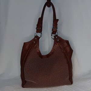 Maurizio Taiuti Hobo Italian Leather Shoulder Bag with Studded Design Brown OS